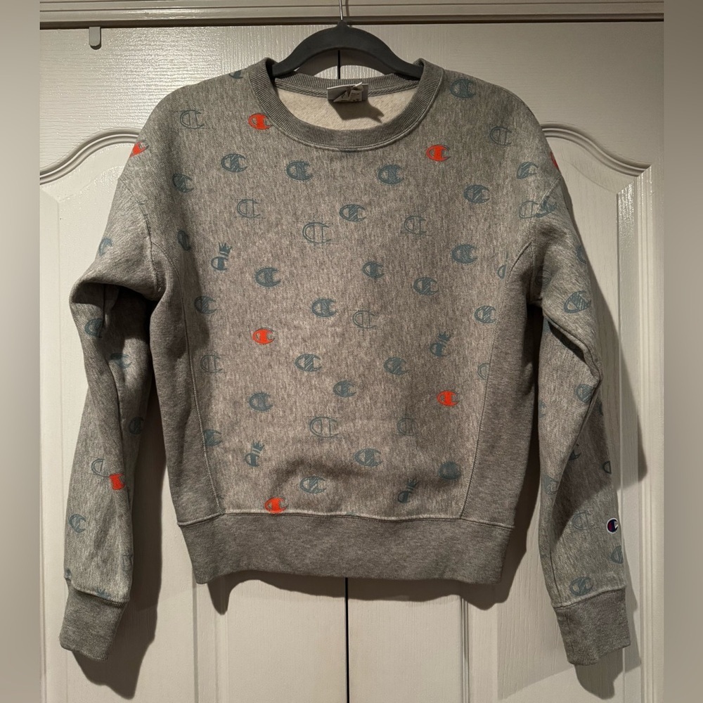 Champion Gray with Teal and Orange Logo Pattern Crewneck Sweatshirt - Size S